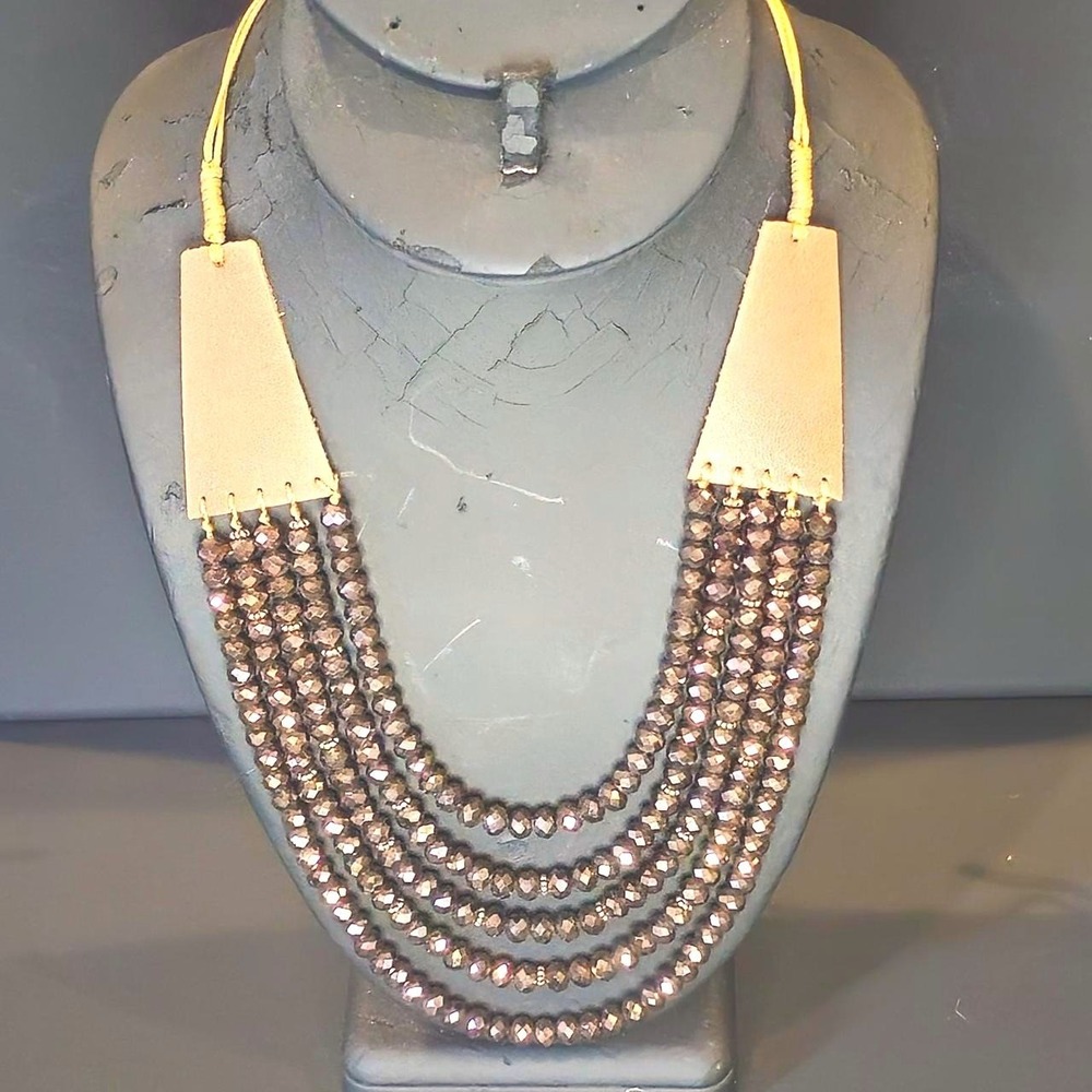 Women Multi Strand Faceted Bead Bib Necklace Bronze Tone Adjustable Leather Trim